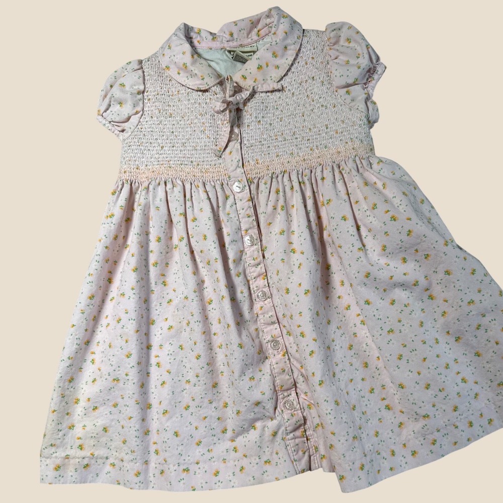 Vintage Laura Ashley Pink Floral Smocked Cotton Dress 18M Peter Pan Collar
